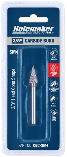 ITM Holemaker Carbide Burr Cone Shape 3/8" X 3/4" Head 1/4" Shank - CBC-SM4