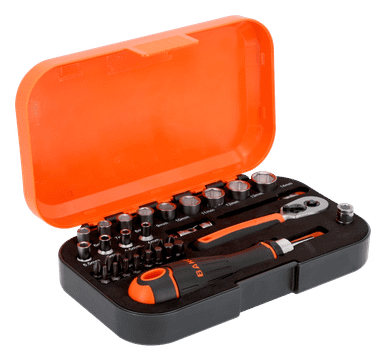 Bahco Square Drive Socket & Bit Set With Metric Hex Profile & Ratcheting Bit Holder 1/4" 34 Piece - S34MC8H