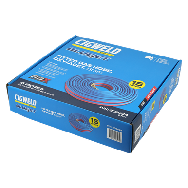 Cigweld BlueJet RBX Fitted Gas Hose Oxy/Acet RH + LH Both Ends 5MM 15M5/8"-18 UNF - 208624
