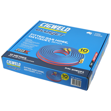 Cigweld BlueJet RBX Fitted Gas Hose Oxy/Acet RH + LH Both Ends 5MM 10M 5/8"-18 UNF - 208694