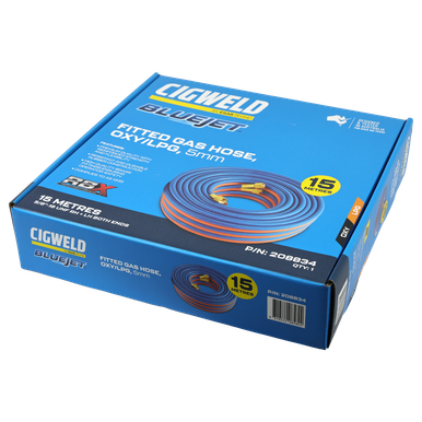Cigweld BlueJet RBX Fitted Gas Hose Oxy/LPG RH + LH Both Ends 5MM 15M 5/8"-18 UNF - 208834