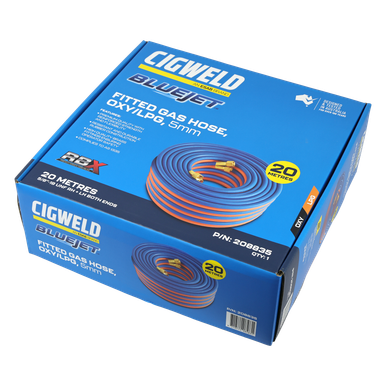 Cigweld BlueJet RBX Fitted Gas Hose Oxy/LPG RH + LH Both Ends 5MM 20M 5/8"-18 UNF - 208835