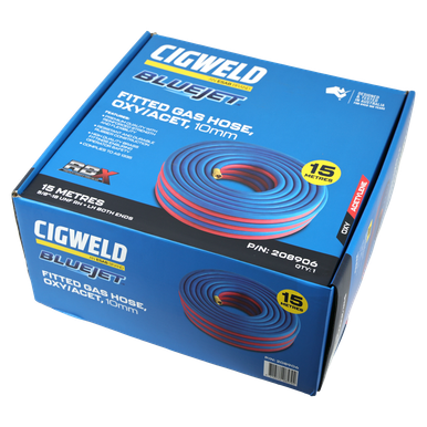Cigweld BlueJet RBX Fitted Gas Hose Oxy/Acet RH + LH Both Ends 10MM 15M 5/8"-18 UNF - 208906