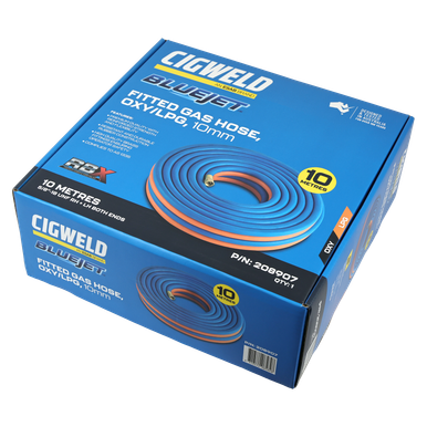 Cigweld BlueJet RBX Fitted Gas Hose Oxy/LPG RH + LH Both Ends 10MM 10M 5/8"-18 UNF - 208907