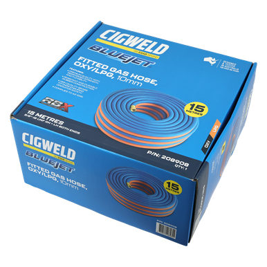Cigweld BlueJet RBX Fitted Gas Hose Oxy/LPG RH + LH Both Ends 10MM 15M 5/8"-18 UNF - 208908