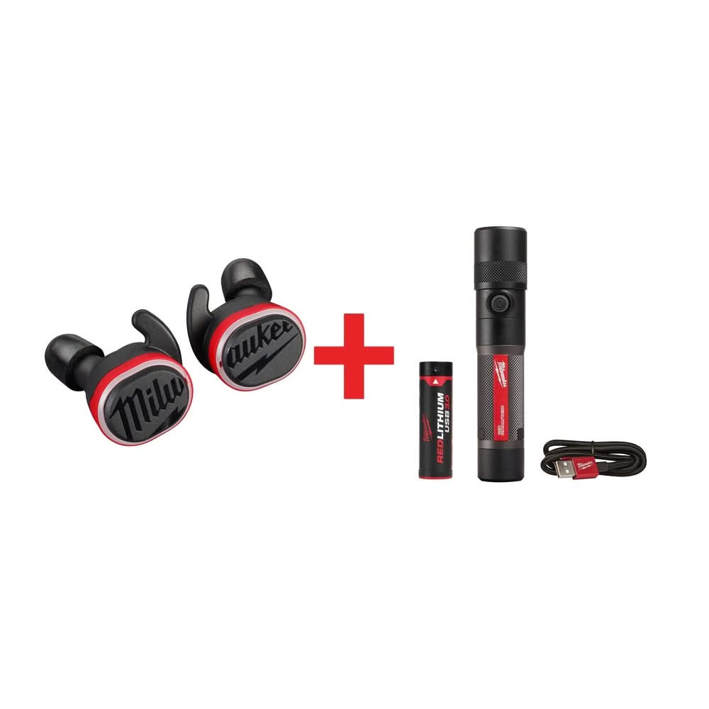 Milwaukee REDLITHIUM USB Bluetooth Ear Buds with USB Rechargable 1100-Lumen Twist Focus Flashlight