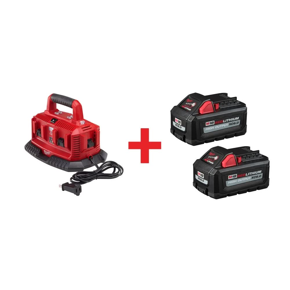 Milwaukee 6 Bay Charger with M18 REDLITHIUM HIGH OUTPUT XC 6.0Ah Battery 2-Pack
