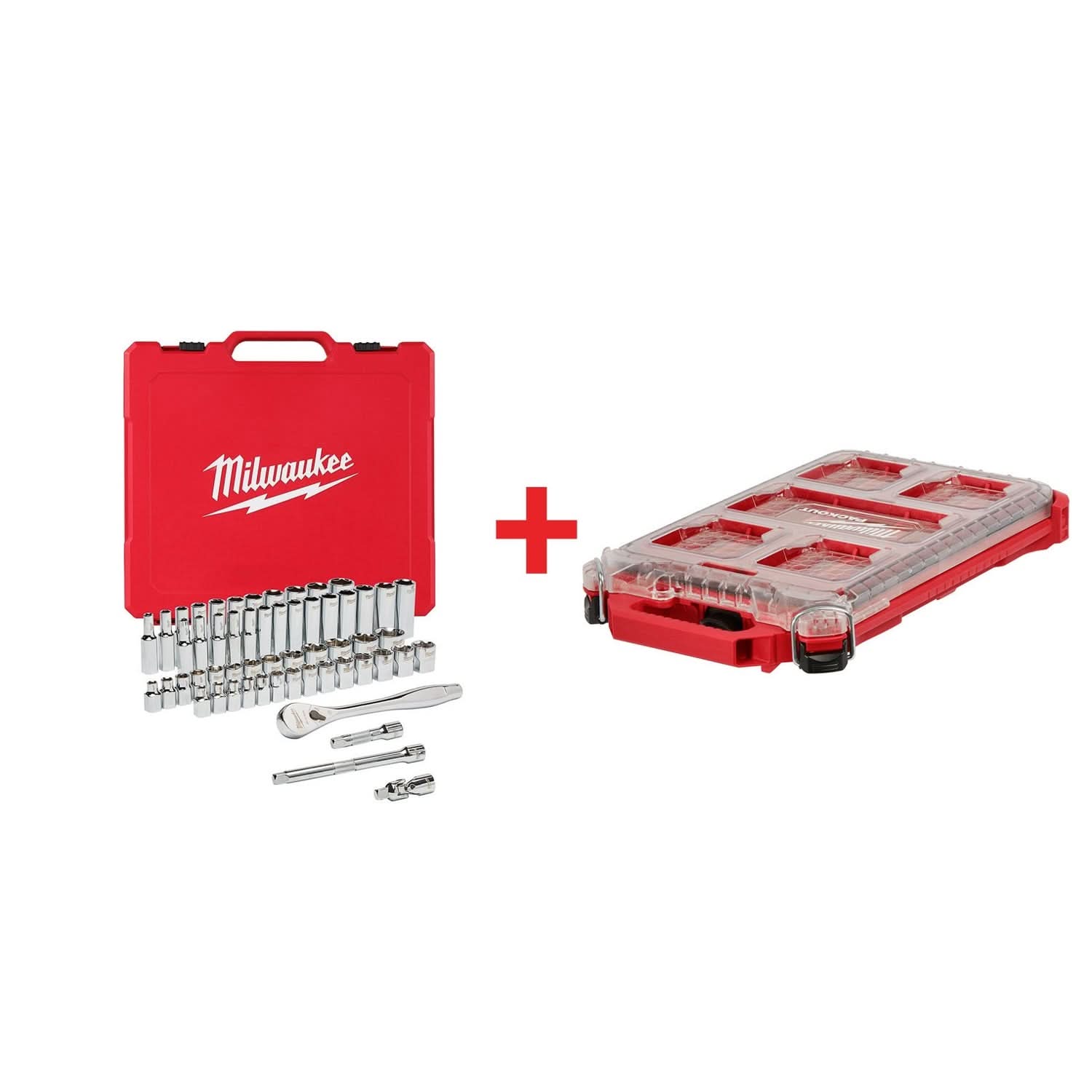 Milwaukee PACKOUT Compact Low-Profile Organizer and 3/8" Drive 56-Piece Ratchet & Socket Set