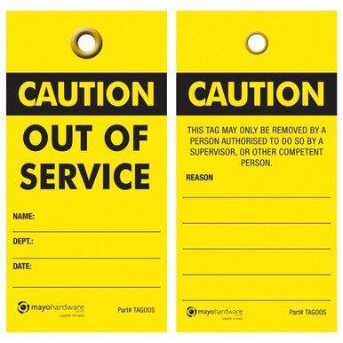TAGOOS Tag-Out of Service, Yellow/Black, Eyelet and String,Water Resistant Paper 25 Pack - TAGOOS