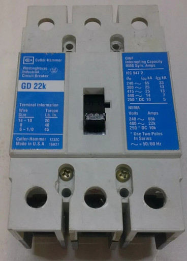 Cutler-Hammer GD22K 480VAC 20 amp 3-pole Circuit Breaker