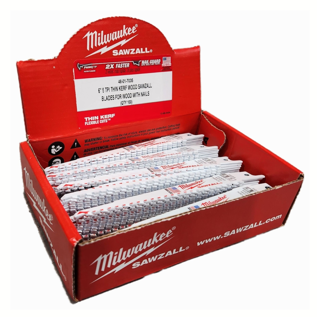 Milwaukee 48-01-7035 6″ 5TPI Bi-Metal Thin Kerf SAWZALL Blade for Wood Cutting 100-Pack