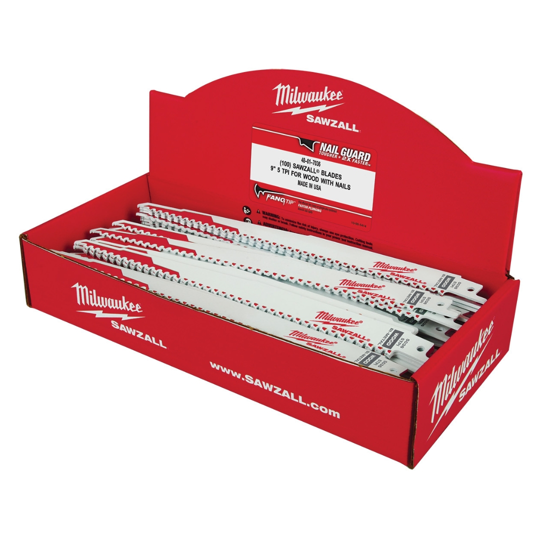 Milwaukee 48-01-7036 9″ 5TPI Bi-Metal Thin Kerf SAWZALL Blade for Wood Cutting 100-Pack