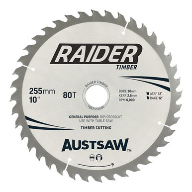 Austsaw Raider Timber Blade Thin Kerf 255mm x 30/25.4 Bore x 80 T - TBR2553080