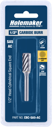 ITM Holemaker Carbide Burr Cylindrical Square End 1/2" X 1" Head 1/4" Shank AC - CBC-SA5-AC