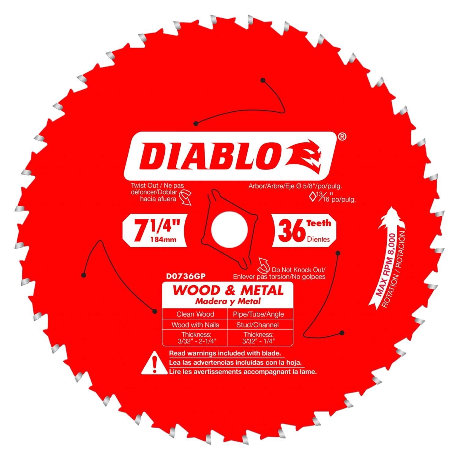 Diablo D0736GPX 7-1/4 in. x 36 Tooth Wood & Metal Carbide Saw Blade