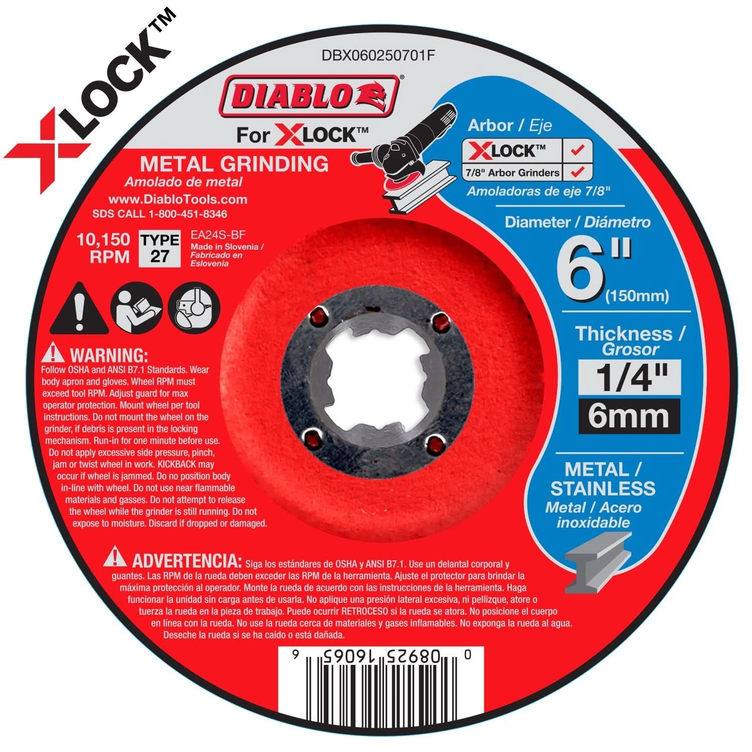 Diablo DBX060250701F 6 in. Type 27 Metal Grinding Disc for X-Lock and All Grinders