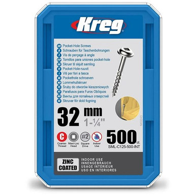Kreg Pocket Hole Screws Coarse/Maxiloc Head Zinc 32MM 500 Pack - KR-SMLC125-500