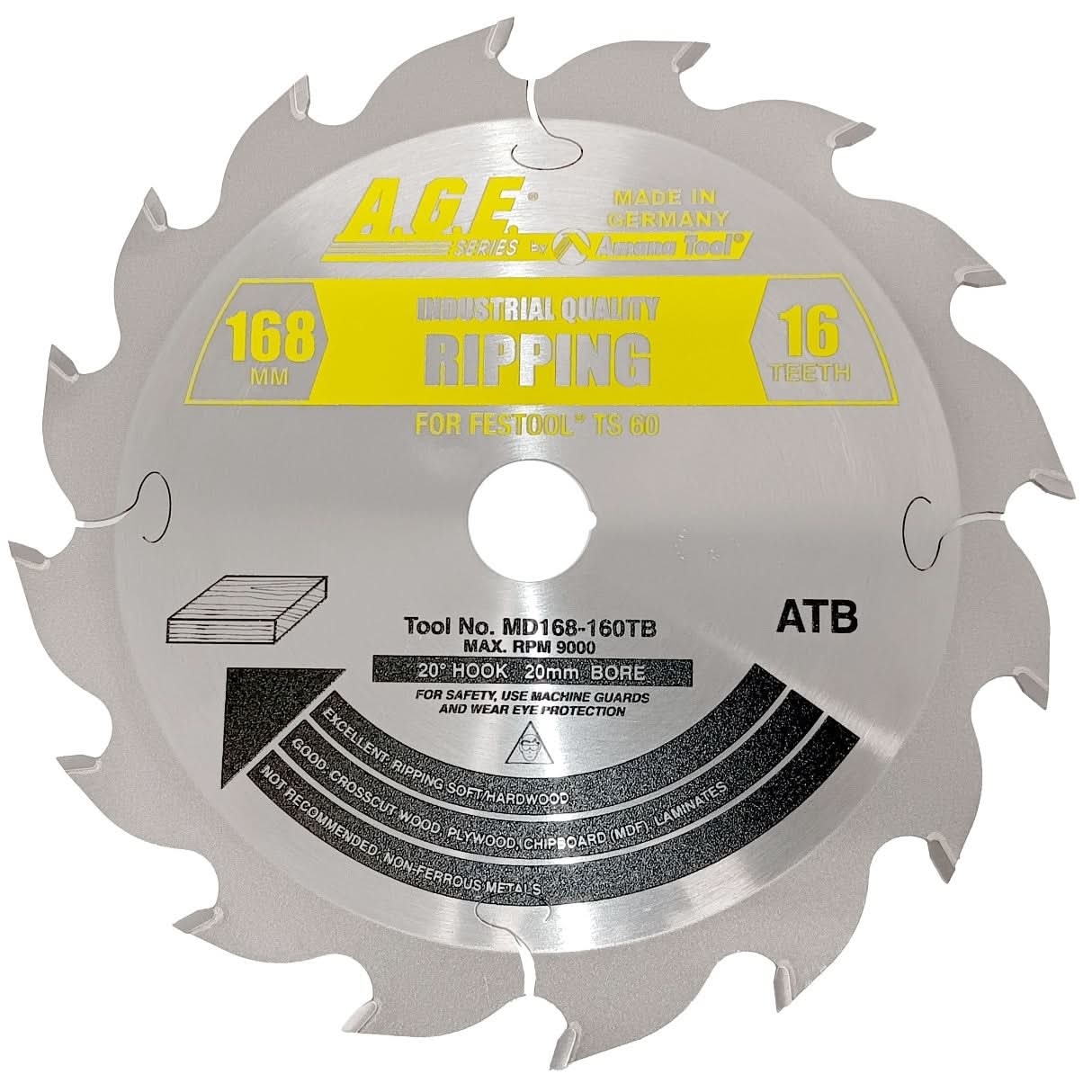 Amana Tools MD168-160TB 168mm x 16T Wood Rip Cut Circular Saw Blade (Fits Festool TS 60 & SYS 50)