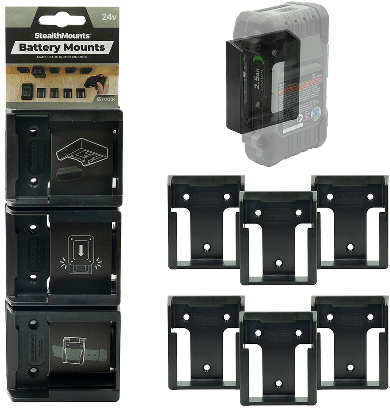 StealthMounts Battery Mounts for Flex 24V Black, 6-Pack