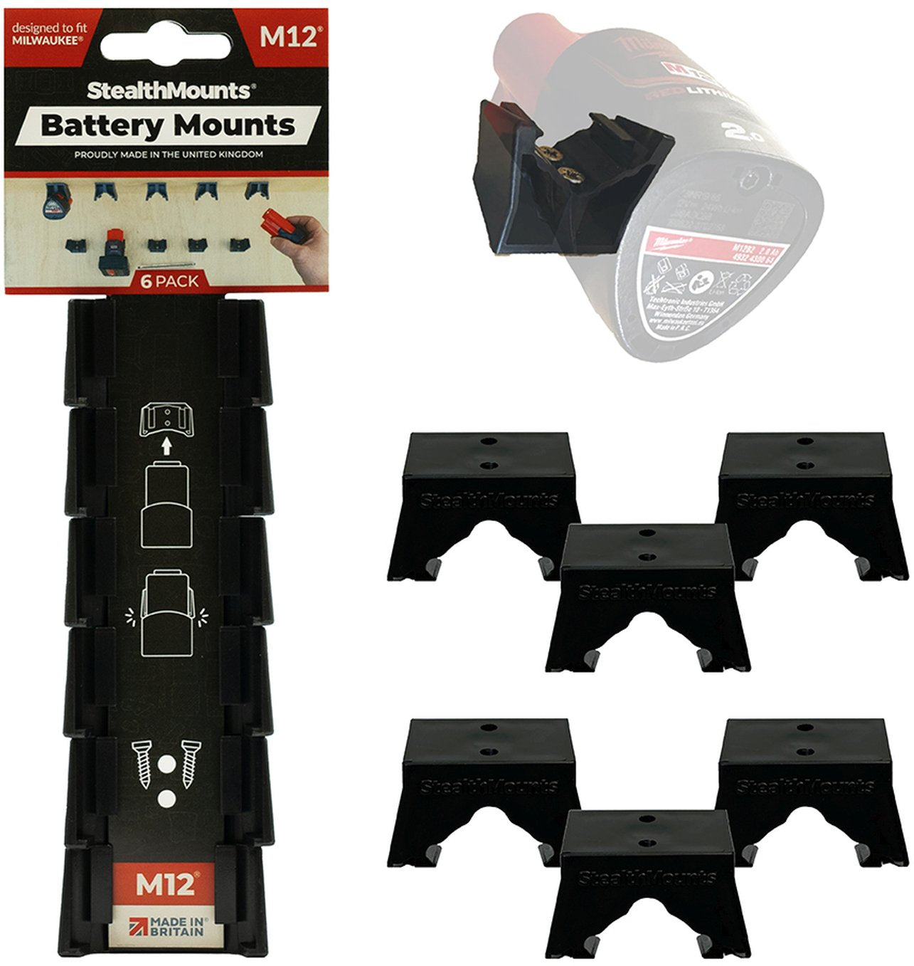 StealthMounts Battery Mounts for Milwaukee M12 Black, 6-Pack