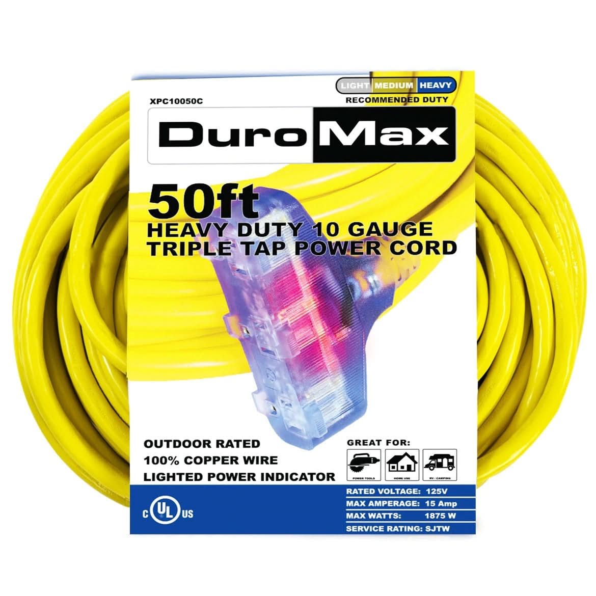 Duromax50-Foot 10-Gauge Triple Tap Extension Power Cord