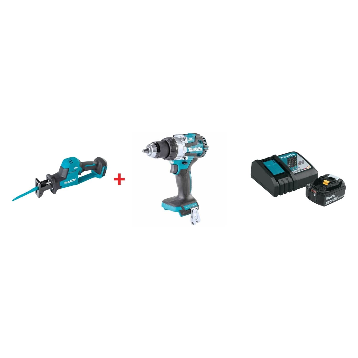 Makita 18V LXT Lithium-Ion Brushless Cordless Compact One-Handed Recipro Saw, 1/2 in. Hammer Driver Drill, and 18V 5.0Ah Battery and Charger Starter Pack