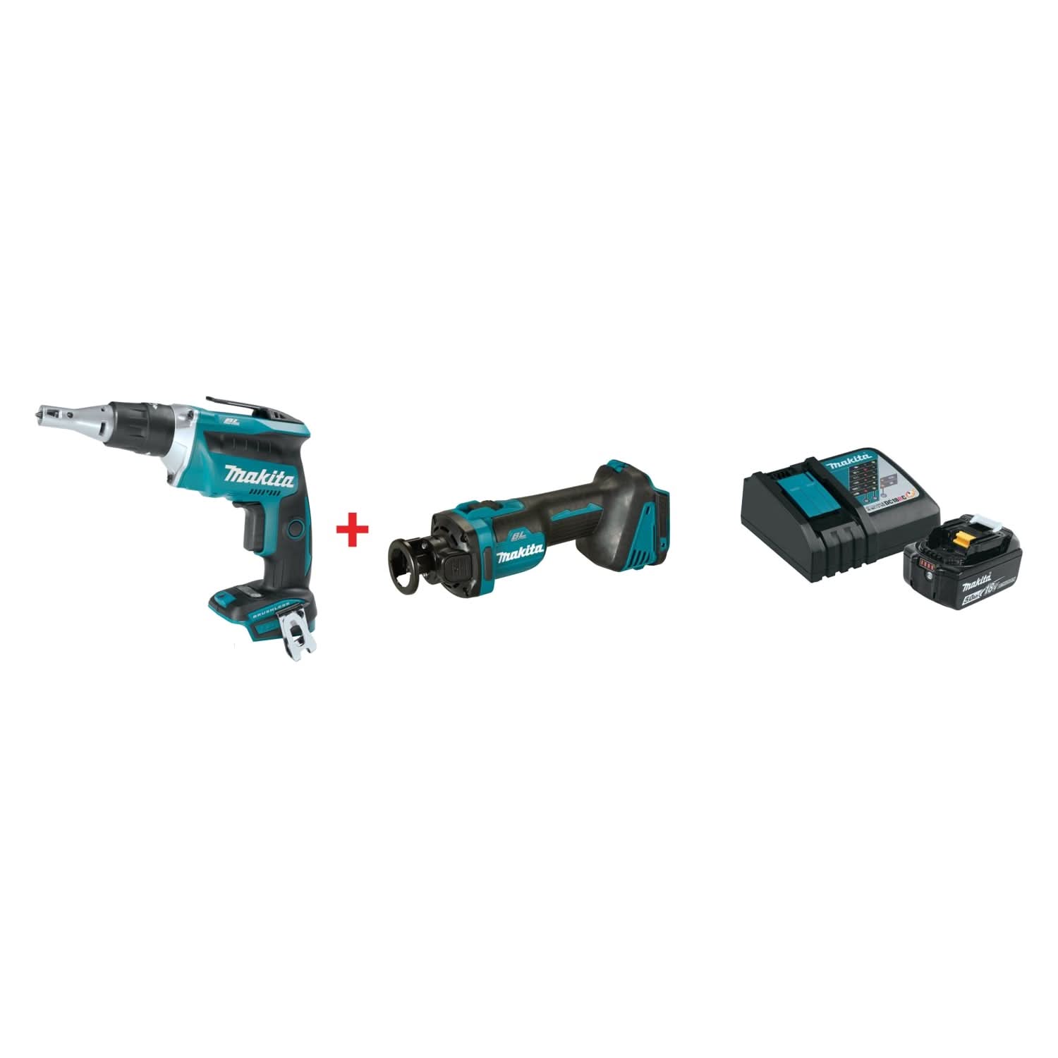 Makita 18V LXT Cordless Brushless Drywall Screwdriver, Cut-Out Tool, and 18V 5.0Ah Battery and Charger Starter Pack